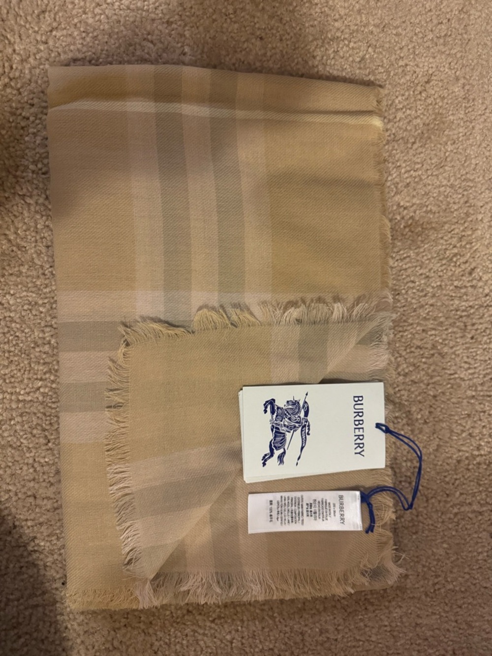 Burberry Camel Beige Wool Scarf with Fringe